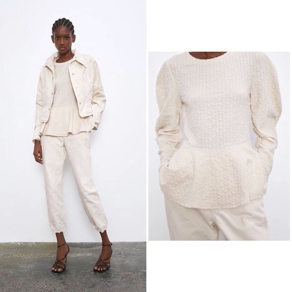 Zara Ecru Long Puff Sleeve Textured & Ruching Top - Picture 4 of 10